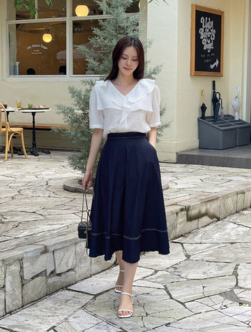 Lopiel Denim Like Banding Flare Long Skirt